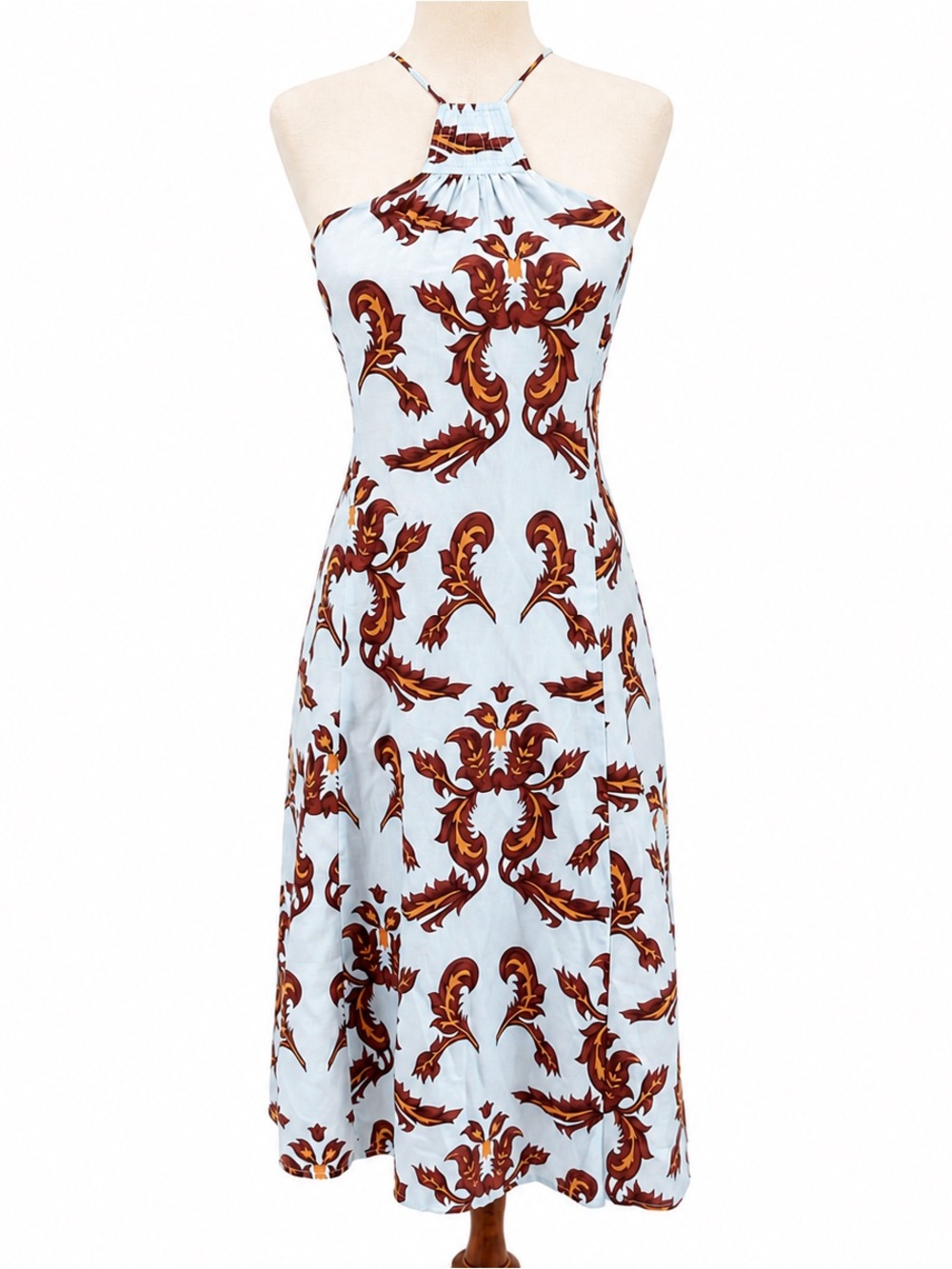vintage TOCCA Silk Scroll Leaf Halter Dress Light Blue Halter Midi Dress Brown 2